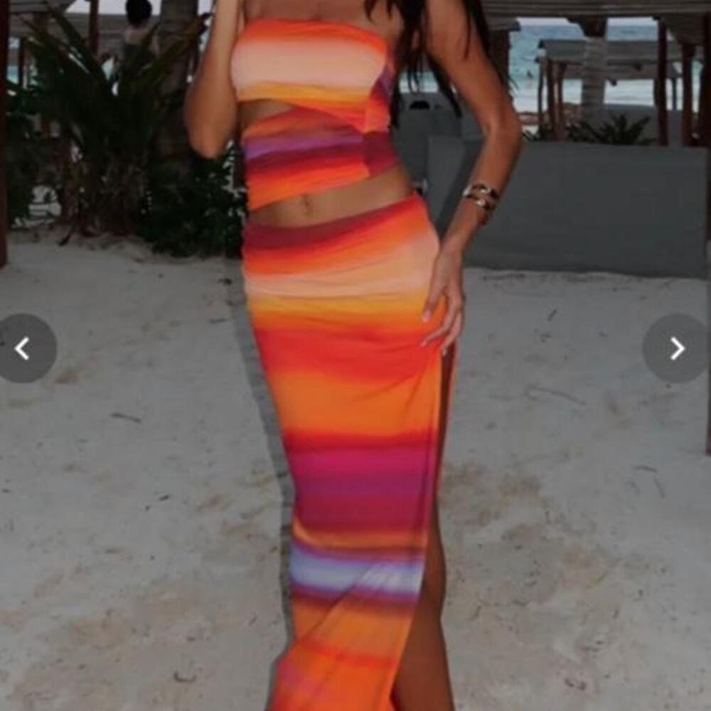 NWT White Fox Sunset Stripe Strapless Top Maxi Skirt Set Size S